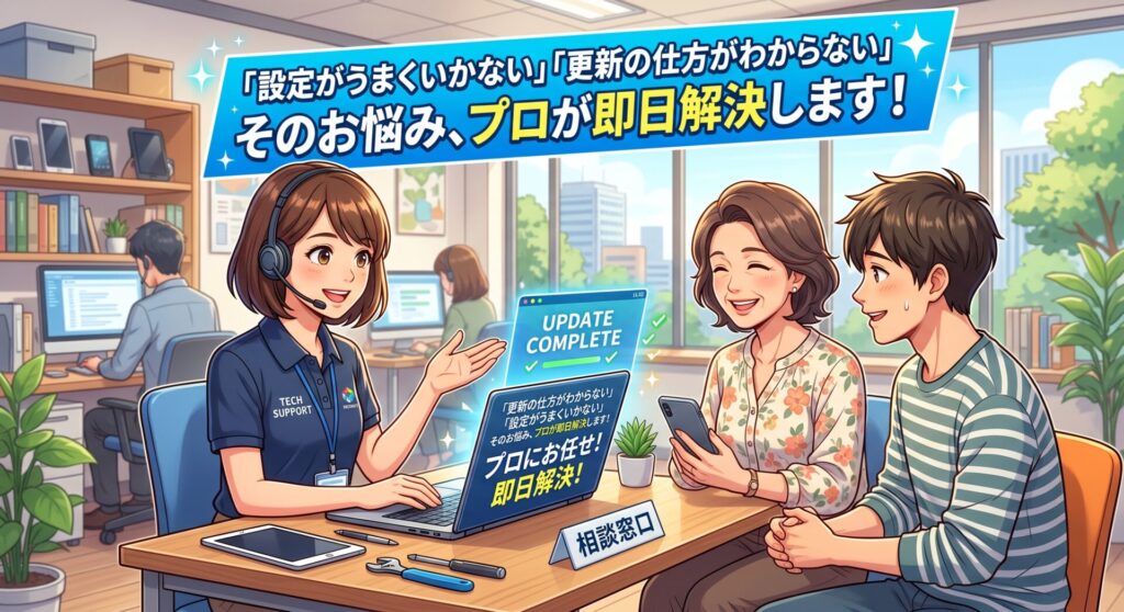 「設定がうまくいかない」「更新の仕方がわからない」そのお悩み、プロが即日解決します！