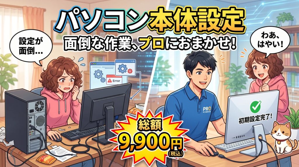本メニューは、パソコンの「箱出し・設置・通電確認」に特化したリーズナブルなプランです。 「インターネットやメールの設定は自分でできるけれど、最初の設置や起動確認だけはプロに任せたい」という自力派の方に最適です。