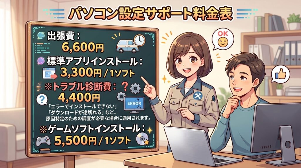 出張費：6,600円

標準アプリインストール：3,300円 / 1ソフト

※トラブル診断費：4,400円「エラーでインストールできない」「ダウンロードが途切れる」など、原因特定のための調査が必要な場合に適用されます。

※ゲームソフトインストール：5,500円 / 1ソフト