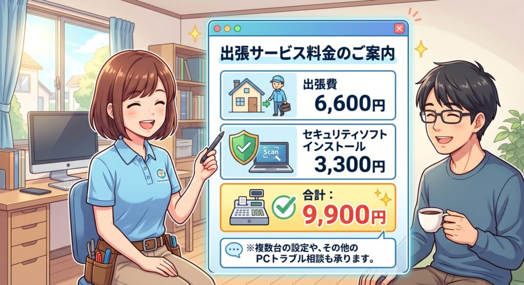 出張費： 6,600円

セキュリティソフトインストール： 3,300円

合計： 9,900円 ※複数台の設定や、その他のPCトラブル相談も承ります。