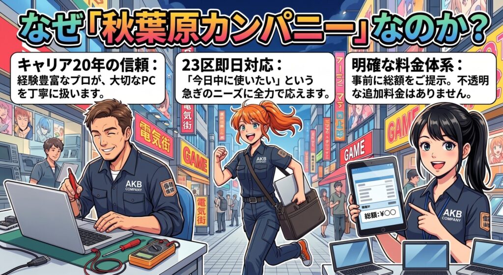 なぜ「秋葉原カンパニー」なのか？

キャリア20年の信頼： 経験豊富なプロが、大切なPCを丁寧に扱います。

23区即日対応： 「今日中に使いたい」という急ぎのニーズに全力で応えます。

明確な料金体系： 事前に総額をご提示。不透明な追加料金はありません。