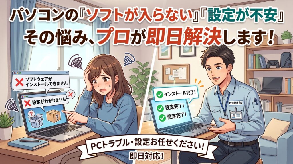 パソコンの「ソフトが入らない」「設定が不安」その悩み、プロが即日解決します！