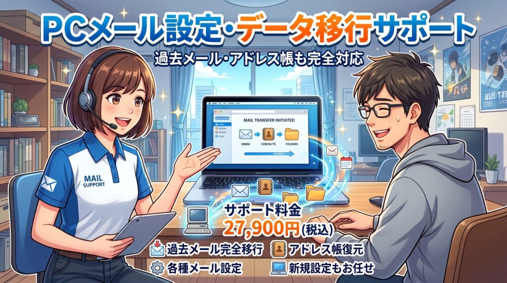 18,000円）

古いPCから「過去のメール」「アドレス帳」を丸ごと安全に引き継ぎます。