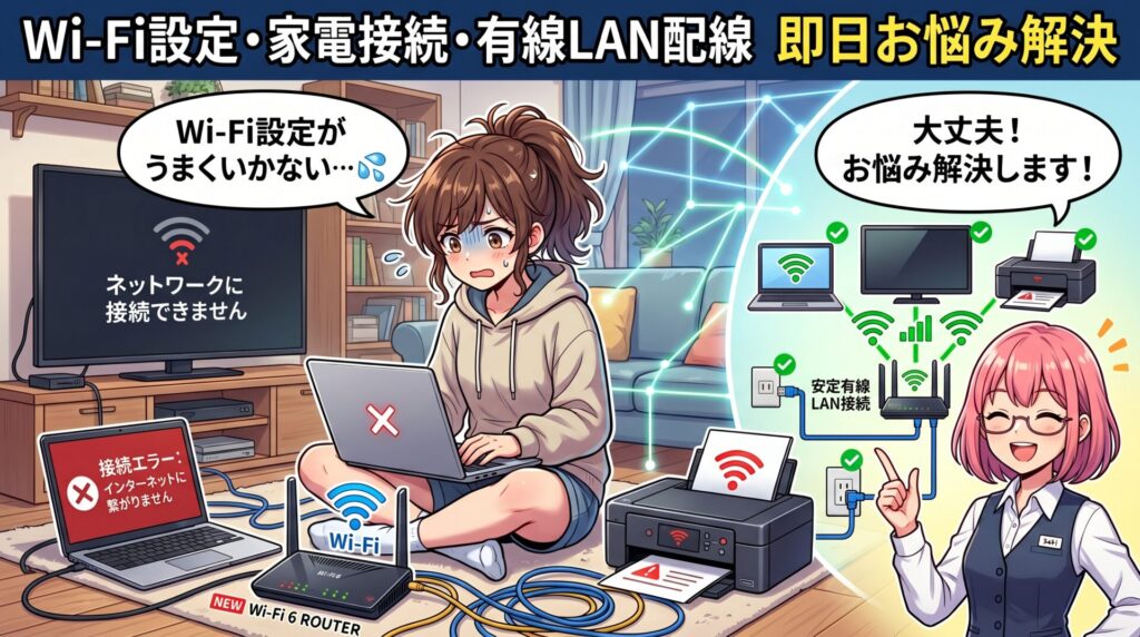 「パソコンやスマホをWi-Fiに繋げたい」 「パソコンだけでなく、テレビやプリンターもネットに繋ぎたい」 「有線LANを配線して安定した環境を作りたい」