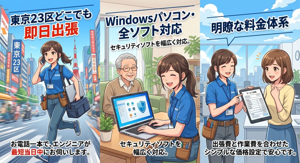 東京23区どこでも即日出張： お電話一本で、エンジニアが最短当日中にお伺いします。

Windowsパソコン・全ソフト対応： セキュリティソフトを幅広く対応。

明瞭な料金体系： 出張費と作業費を合わせたシンプルな価格設定で安心です。