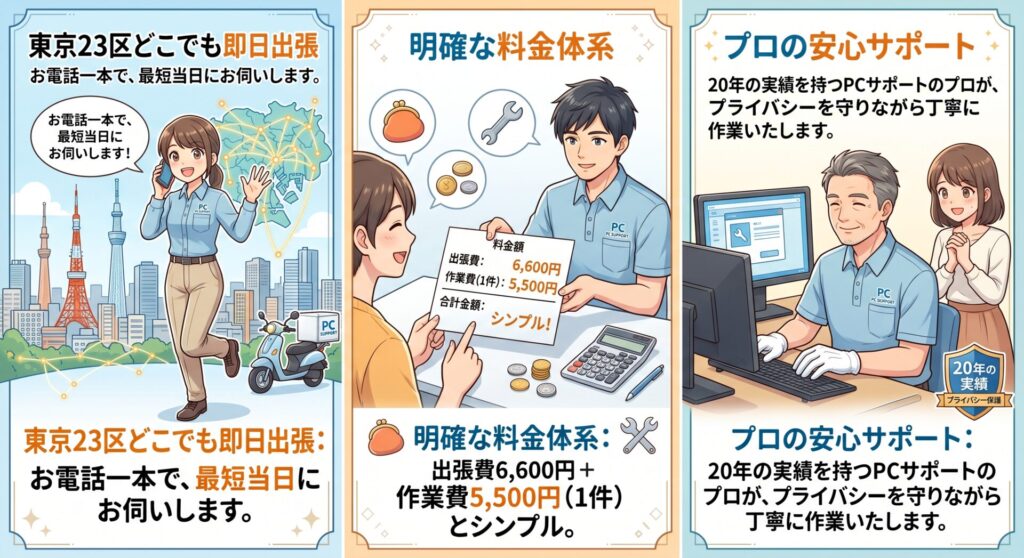 東京23区どこでも即日出張: お電話一本で、最短当日にお伺いします。
明確な料金体系: 出張費6,600円 + 作業費5,500円(1件)とシンプル。
プロの安心サポート: 20年の実績を持つPCサポートのプロが、プライバシーを守りながら丁寧に作業いたします。