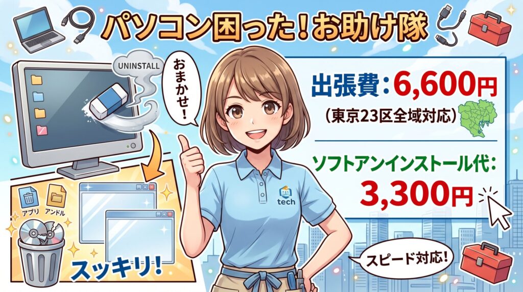 出張費： 6,600円（東京23区全域対応）
ソフトアンインストール代： 3,300円