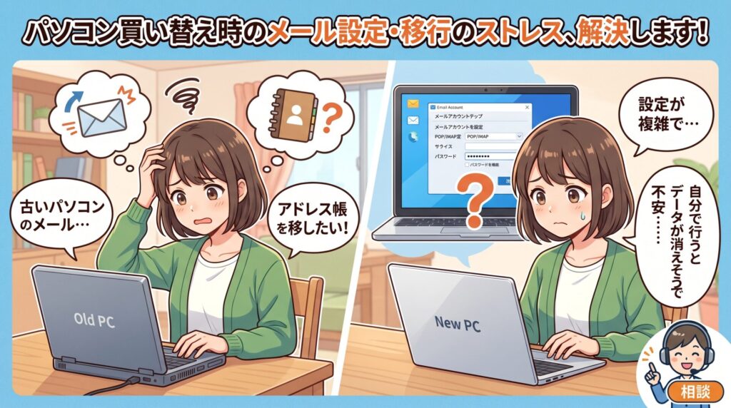 「新しいパソコンを買ったがメールの設定ができない」 「古いパソコンのメールやアドレス帳をそのまま移したい」 「設定が複雑で、自分で行うとデータが消えそうで不安……」