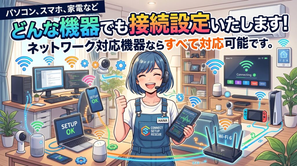 どんな機器でも接続設定いたします パソコン、スマホ、家電など、ネットワーク対応機器ならすべて対応可能です