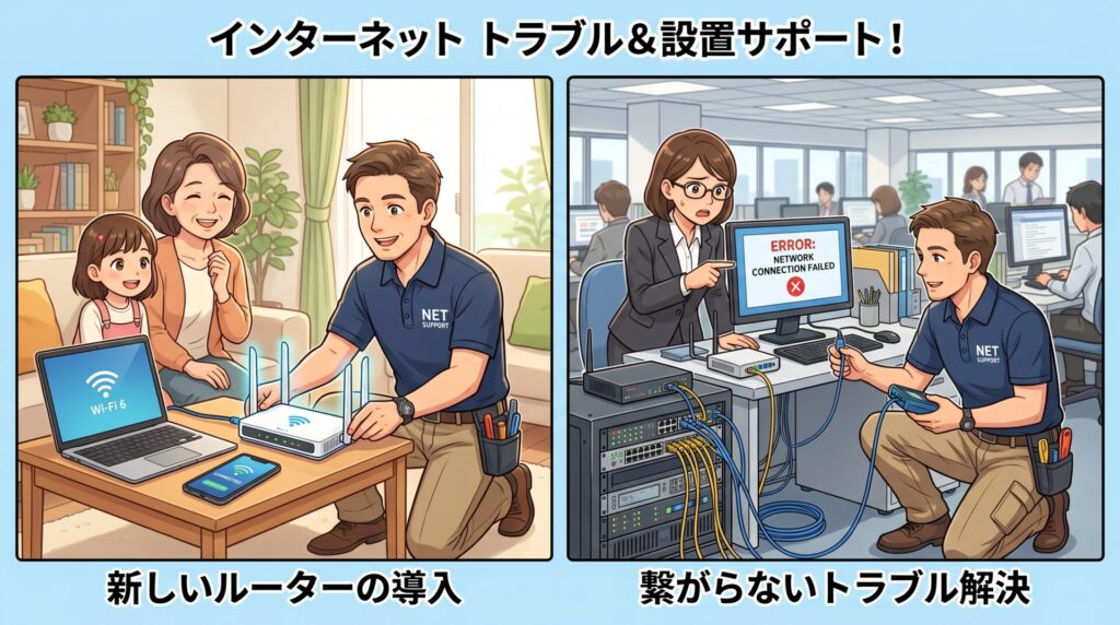 新しいルーターの導入から、急にインターネットが繋がらなくなったトラブルまで、経験豊富なプロがご自宅・オフィスへお伺いしてサポートいたします。