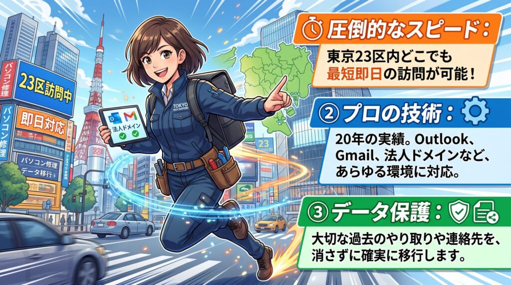 圧倒的なスピード： 東京23区内どこでも最短即日の訪問が可能。

プロの技術： 20年の実績。Outlook、Gmail、法人ドメインなど、あらゆる環境に対応。

データ保護： 大切な過去のやり取りや連絡先を、消さずに確実に移行します。