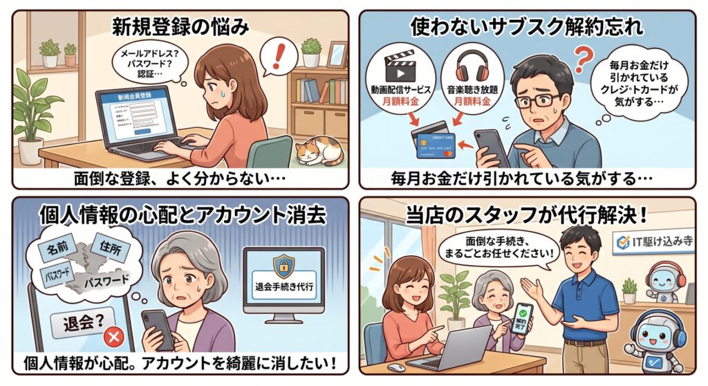 最近、ネットのサービスを利用する時に「アカウント登録(会員登録)」を求められることが本当に増えましたよね。
「新しく始めてみたいけれど、スマホやパソコンの操作がよく分からない…」 「もう使っていない動画配信サービス、毎月お金だけ引かれている気がする…」 「個人情報が心配だから、アカウントごと綺麗に消去したい!」
そんなお悩みはありませんか?
パソコンの基本設定: Microsoftアカウント、Googleアカウントなど
人気の月額サービス: Amazonプライム、Netflix、YouTube Premiumなど
当店では、パソコンやIT機器の専門スタッフがお客様のご自宅やオフィスへ直接お伺いし、面倒なアカウントの新規登録から、ややこしい解約・退会手続きまで、すべて身近で代行いたします!
「どこに聞けばいいか分からない」とお困りの方は、ぜひお気軽に当店へご相談ください。