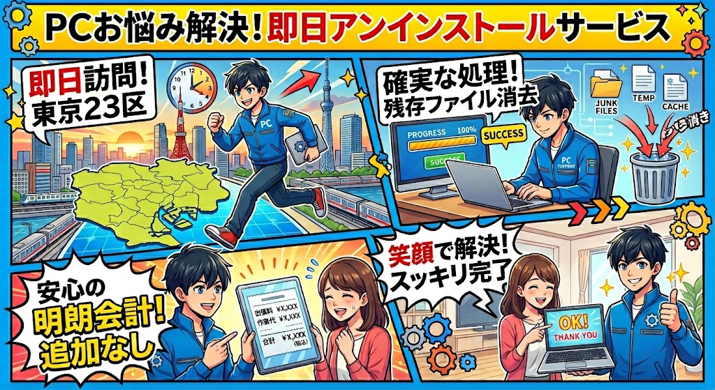 即日訪問： 東京23区どこでも当日中に駆けつけます。

確実な処理： 正しい手順でアンインストールを行い、不要な残存ファイルまでスッキリ消去。

安心の明朗会計： 出張料＋作業代のみ。追加料金の不安はありません。