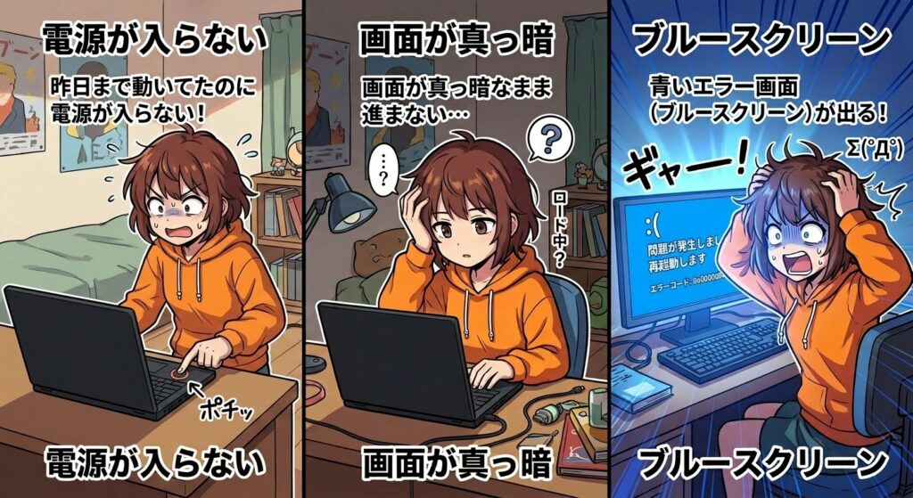 「昨日まで動いていたのに電源が入らない」「画面が真っ暗なまま進まない」「青いエラー画面（ブルースクリーン）が出る」……。

パソコンが起動しない原因は、帯電やメモリの接触不良、システムファイルの破損など様々です。当店は、東京23区全域に対応した出張専門のパソコン修理サービスです。お電話一本で、経験豊富な技術者がご自宅やオフィスへ最短即日で伺い、原因を特定してその場で修理いたします。