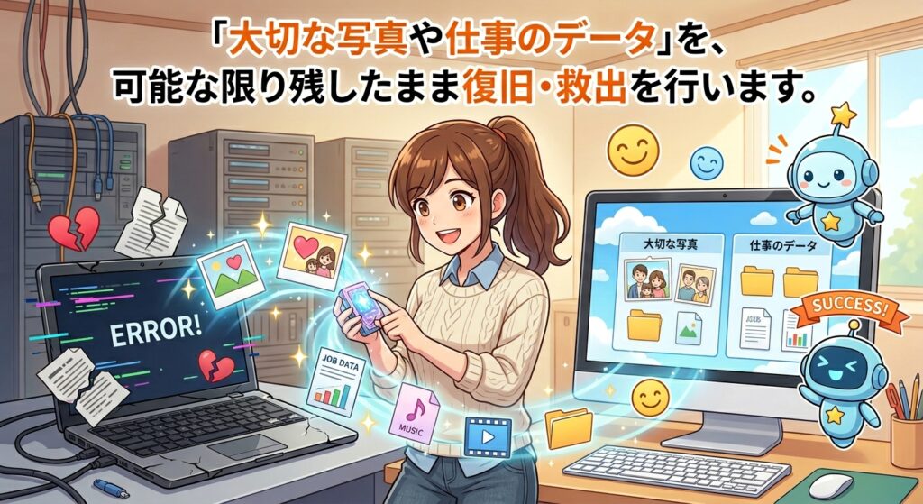 最短即日のスピード訪問： 23区内に特化しているため、緊急のトラブルにも迅速に駆けつけます。

データ保護を最優先： メーカー修理では消されてしまうことが多い「大切なデータ」を、可能な限り残したまま修理・救出を行います。

自作PC・BTOパソコンも歓迎： パーツ構成が特殊な自作機やショップ製PCの起動不良も、専門知識で的確に処置します。