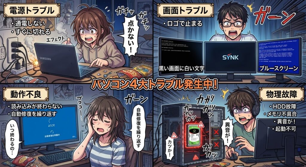 電源トラブル： 通電しない、電源は入るがすぐに切れる

画面トラブル： ロゴで止まる、黒い画面に白い文字が出る、ブルースクリーン

動作不良： 読み込みが終わらない、自動修復を繰り返す

物理故障： HDD/SSDの故障、メモリ不具合による起動不可