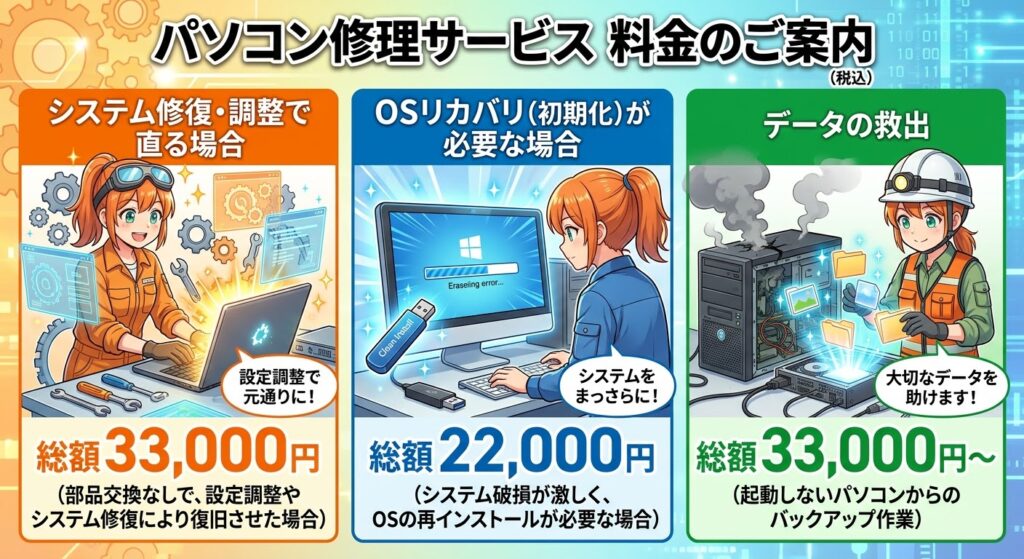 システム修復・調整で直る場合：総額 33,000円 （部品交換なしで、設定調整やシステム修復により復旧させた場合）

OSリカバリ（初期化）が必要な場合：総額 22,000円 （システム破損が激しく、OSの再インストールが必要な場合）

データの救出：総額 33,000円〜 （起動しないパソコンからのバックアップ作業）