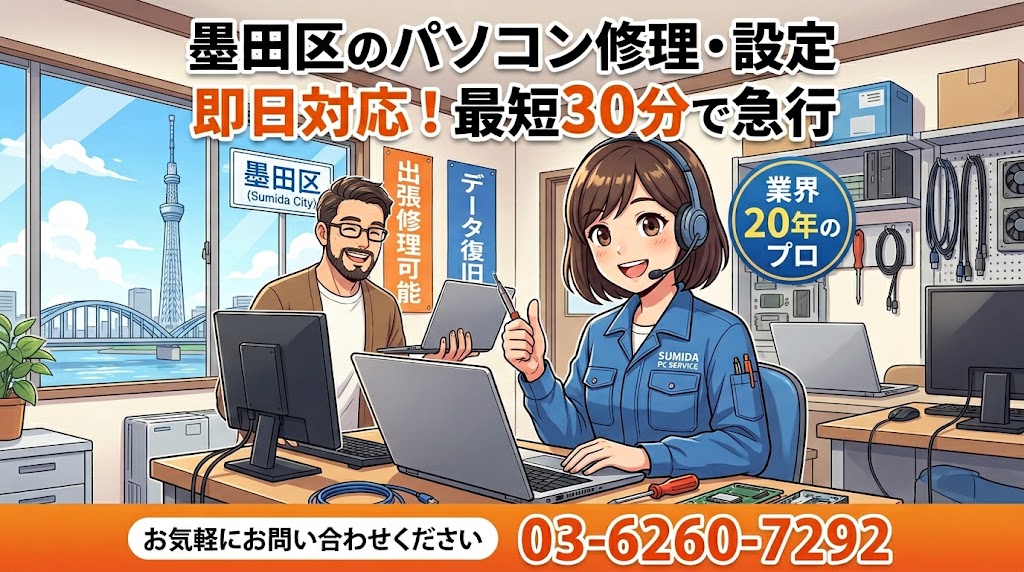 墨田区のパソコン修理・設定｜即日対応！業界20年のプロが最短30分で急行 お気軽にお問い合わせください03-6260-7292