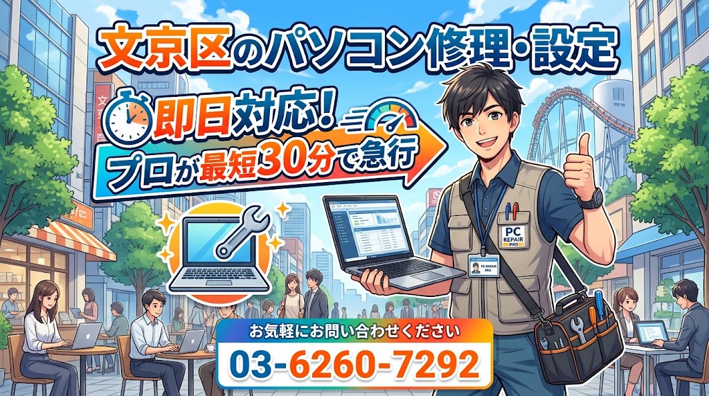 文京区のパソコン修理・設定｜即日対応！プロが最短30分で急行 お気軽にお問い合わせください03-6260-7292