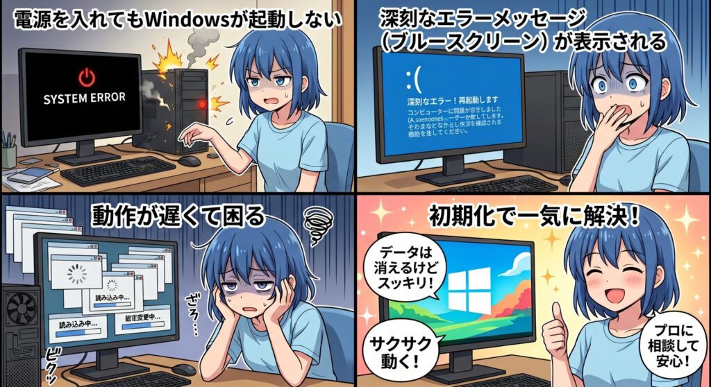 【プロが解説】パソコンの初期化（リカバリー）が必要なサインと、失敗しないための重要ポイント
「パソコンの電源は入るのにWindowsが起動しない」 「深刻なエラーメッセージ（ブルースクリーンなど）が繰り返し表示される」 「動作が極端に重く、あらゆる設定変更を試しても改善しない」
こうした深刻なトラブルは、パソコンのシステム根幹に修復不可能なダメージが生じているサインです。 様々な対処法を試しても改善しない場合、最終的かつ最も強力な解決策となるのが「リカバリーインストール（初期化）」です。パソコンを購入時のまっさらな状態に戻すことで、蓄積したシステムエラーを一気に解消し、本来の快適な動作を取り戻すことができます。