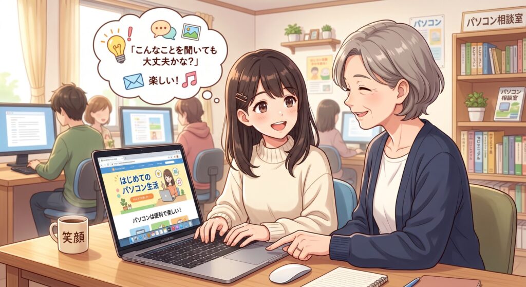 ほんの少しのコツを掴むだけで、パソコンは驚くほど便利で楽しい道具になります。「こんなことを聞いても大丈夫かな？」と思わずに、まずはあなたのお困りごとをお聞かせください。