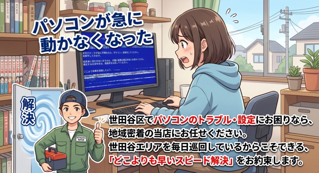 「パソコンが急に動かなくなった」

 世田谷区でパソコンのトラブル・設定にお困りなら、地域密着の当店にお任せください。

世田谷エリアを毎日巡回しているからこそできる、「どこよりも早いスピード解決」をお約束します。
