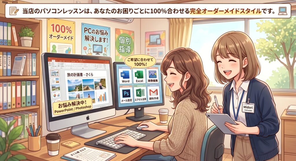 当店のパソコンレッスンは、あなたのお困りごとに100%合わせる完全オーダーメイドスタイルです。