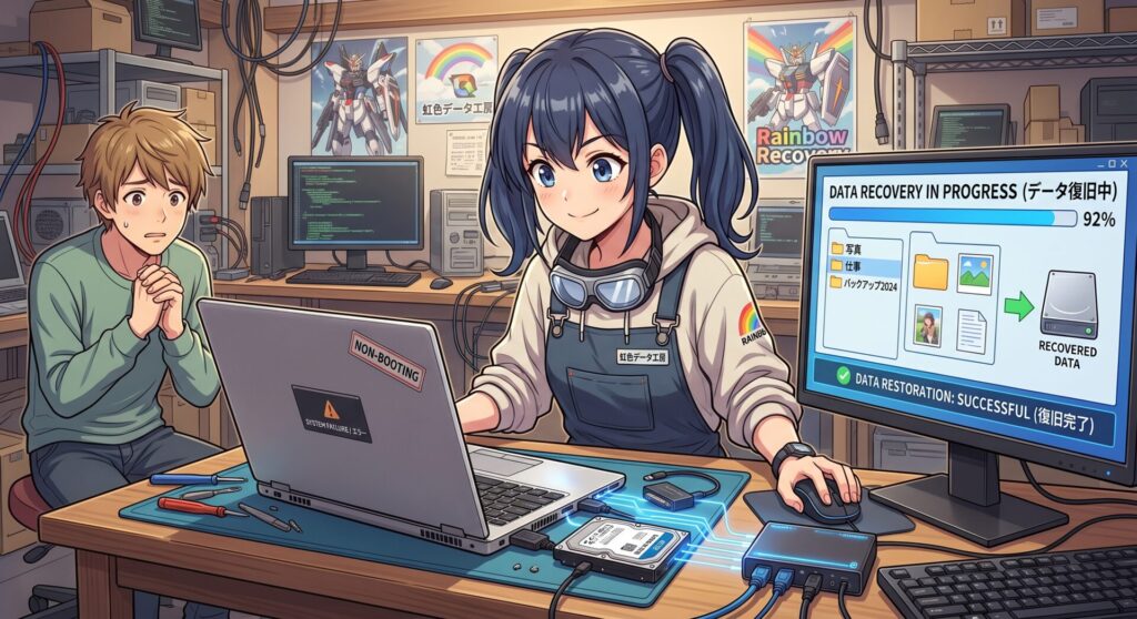 「パソコンの修理よりも、とにかく中のデータだけはどうしても取り戻したい！」 そんな切実なお悩みは、業界歴20年のプロにお任せください。大切な写真、仕事の書類、年賀状の住所録などを、「正常に起動しない状態」から迅速に救出いたします。
