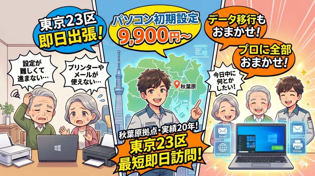 新しいパソコンとプリンターを前に、「設定が進まない」「プリンターが使えない」と困っているご高齢の夫婦を描いています。