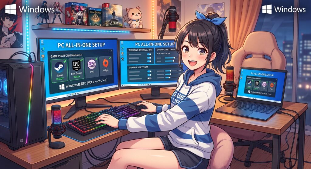 Windows搭載PCであれば、デスクトップ・ノートを問わず全て対応。

Steam、Epic Gamesなどのプラットフォーム設定も一括でお任せ。