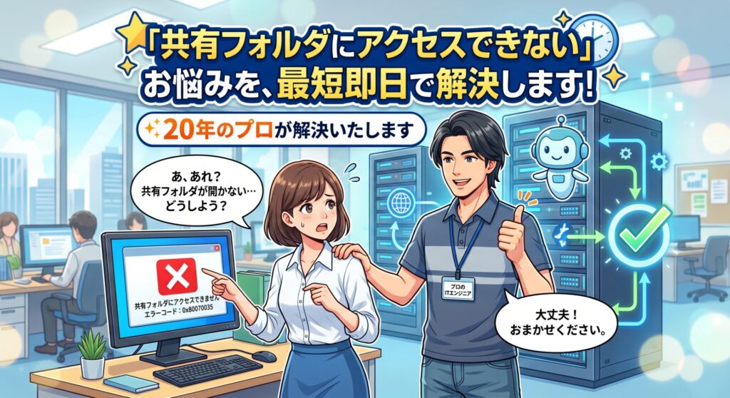 「共有フォルダにアクセスできない」お悩みを、最短即日で解決します！

20年のプロが解決いたします