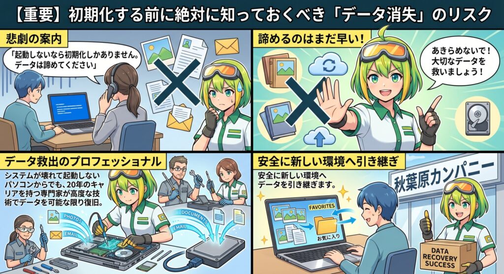 【重要】初期化する前に絶対に知っておくべき「データ消失」のリスク
リカバリー（初期化）は強力な解決策ですが、大きなリスクを伴います。それは、パソコン内に保存されていた大切な写真、お仕事の書類、メールデータ、ブラウザのお気に入りなどがすべて消去されてしまう点です。
メーカーのサポート窓口や一般的な修理店では、「起動しないなら初期化しかありません。データは諦めてください」と案内されるケースが少なくありません。しかし、諦めるのはまだ早いです。
秋葉原カンパニーでは、「初期化作業の前に、大切なデータを救出・バックアップすること」を最優先に提案いたします。システムが壊れて起動しないパソコンからでも、20年のキャリアを持つ専門家が高度な技術でデータを可能な限り復旧。安全に新しい環境へデータを引き継ぎます。