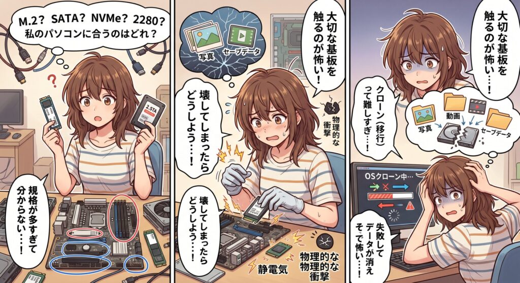 「自分のパソコンに合う規格（M.2 SSDやSATAなど）がわからない」

「静電気や物理的な衝撃で、大切な基板を壊してしまわないか不安」

「OSのクローン（移行）やバックアップのやり方が難しく、データが消えそうで怖い」