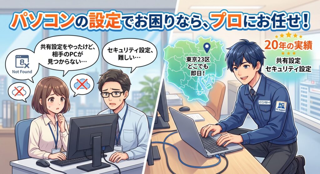 東京23区どこでも、プロが即日お伺いします！ 「共有設定をやってみたけれど、相手のパソコンが見つからない」「セキュリティ設定が難しくて不安」といったお悩みは、20年の実績を持つ当店にお任せください。