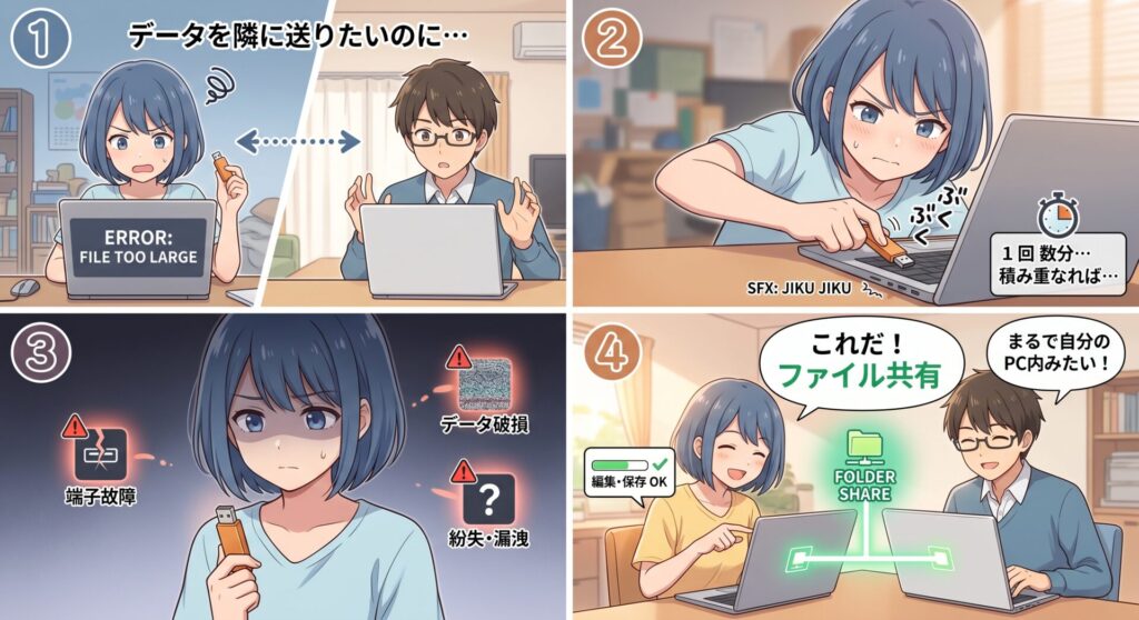 お使いのパソコンのデータ、わざわざ「移動」させていませんか？

「隣にあるパソコンにデータを送りたいだけなのに、一度USBメモリに保存して、抜き取って、また差し込む…」 そんな手間と時間に、ストレスを感じたことはありませんか？

1回数分の作業でも、積み重なれば膨大な時間のロスになります。さらに、USBメモリの頻繁な抜き差しは、端子の故障やデータの破損、さらには紛失による情報漏洩のリスクも孕んでいます。

解決策は「ファイル共有」の設定です。 ネットワーク経由でデータを共有すれば、他のパソコンにあるファイルを、まるで自分のパソコン内にあるかのように直接開き、編集することができます。