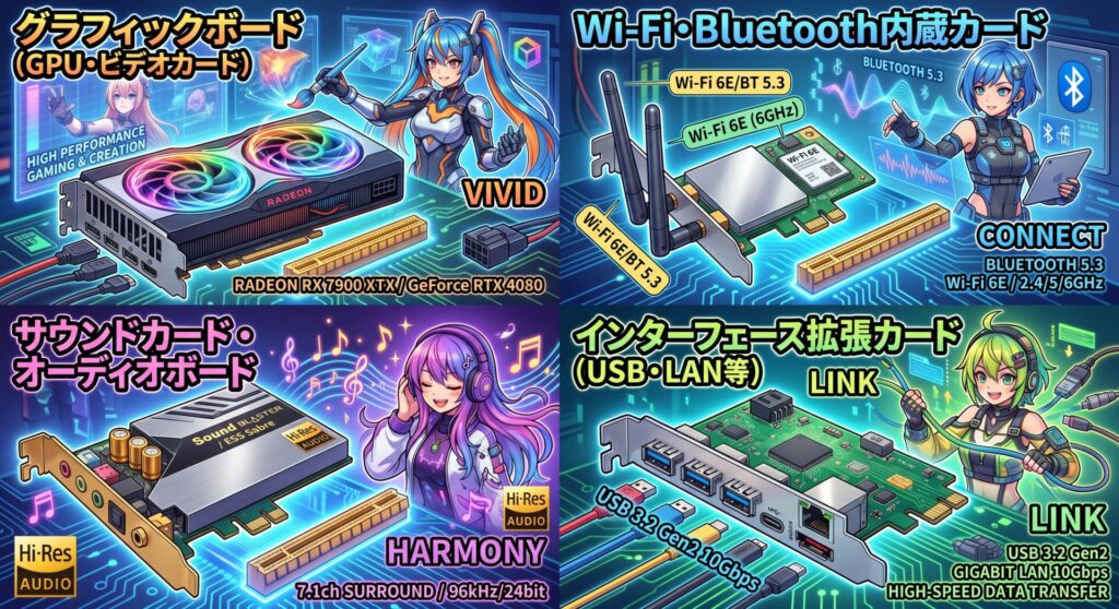 グラフィックボード（GPU・ビデオカード）

Wi-Fi・Bluetooth内蔵カード

サウンドカード・オーディオボード

インターフェース拡張カード（USB・LAN等）