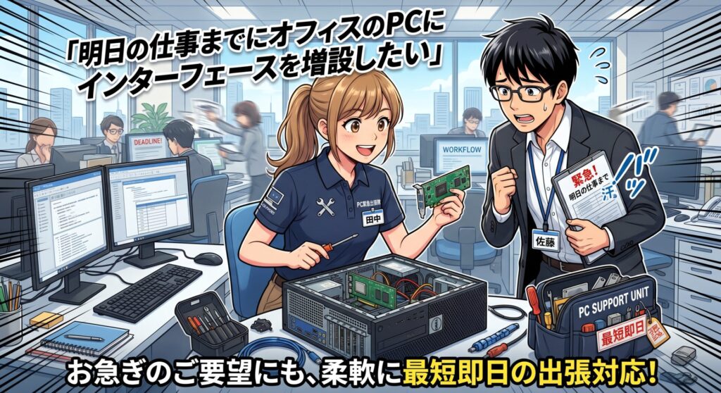 「明日の仕事までにオフィスのPCにインターフェースを増設したい」といったお急ぎのご要望にも、柔軟に最短即日の出張対応
