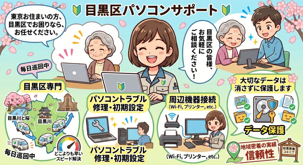 サービス内容：目黒区でのパソコントラブル修理、初期設定、プリンターなど周辺機器の接続。



データ保護：大切なデータは消さずに

迅速な対応：エリアを毎日巡回しているため、どこよりも早いスピード解決が可能。

信頼性：地域密着の実績。