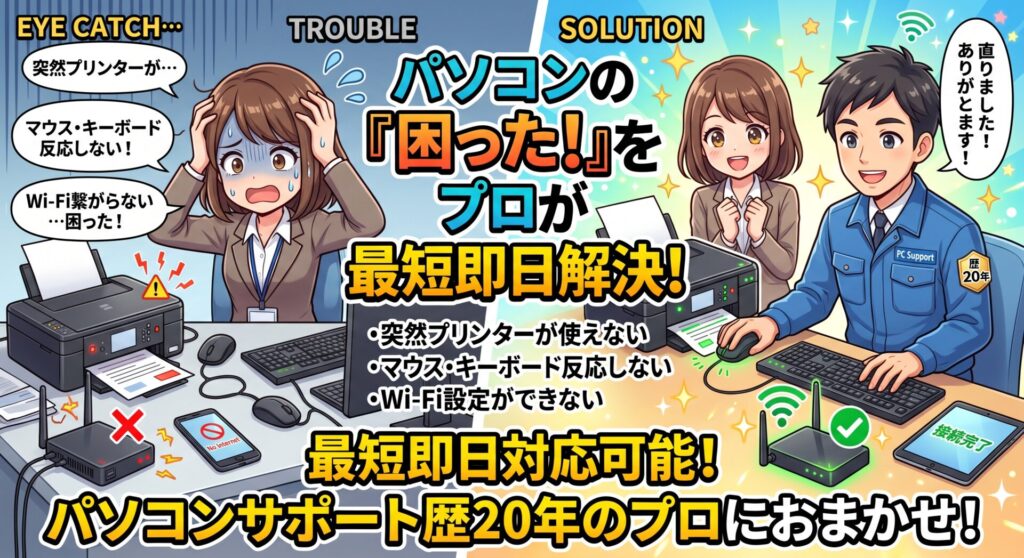 「困った！」を、パソコンサポート歴20年のプロが最短即日で解決します！