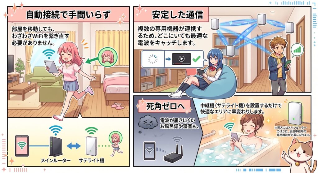 自動接続で手間いらず： 部屋を移動しても、わざわざWiFiを繋ぎ直す必要がありません。
安定した通信： 複数の専用機器が連携するため、どこにいても最適な電波をキャッチします。
死角ゼロへ： 電波の届きにくいお風呂場や寝室も、中継機（サテライト機）を設置するだけで快適なエリアに早変わりします。 ※導入にはメインルーターのほかに、別途中継用の専用機器が必要になります。