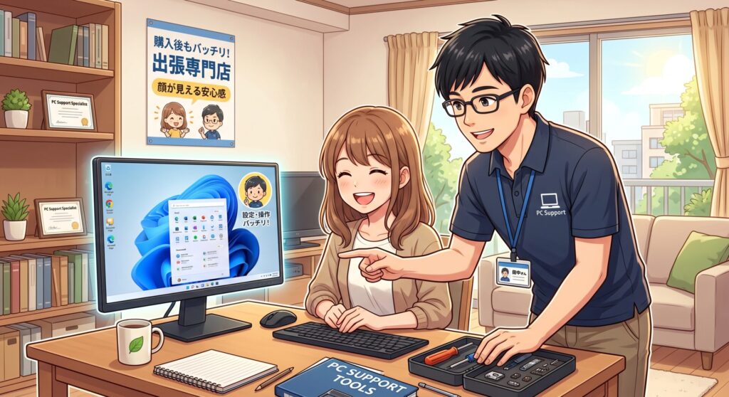 購入後もバッチリ！パソコン出張専門店ならではのサポート

家電量販店やネット通販にはない「顔が見える専門店ならではの圧倒的な安心感」を、あなたにお届けいたします。まずはお気軽にご相談ください！