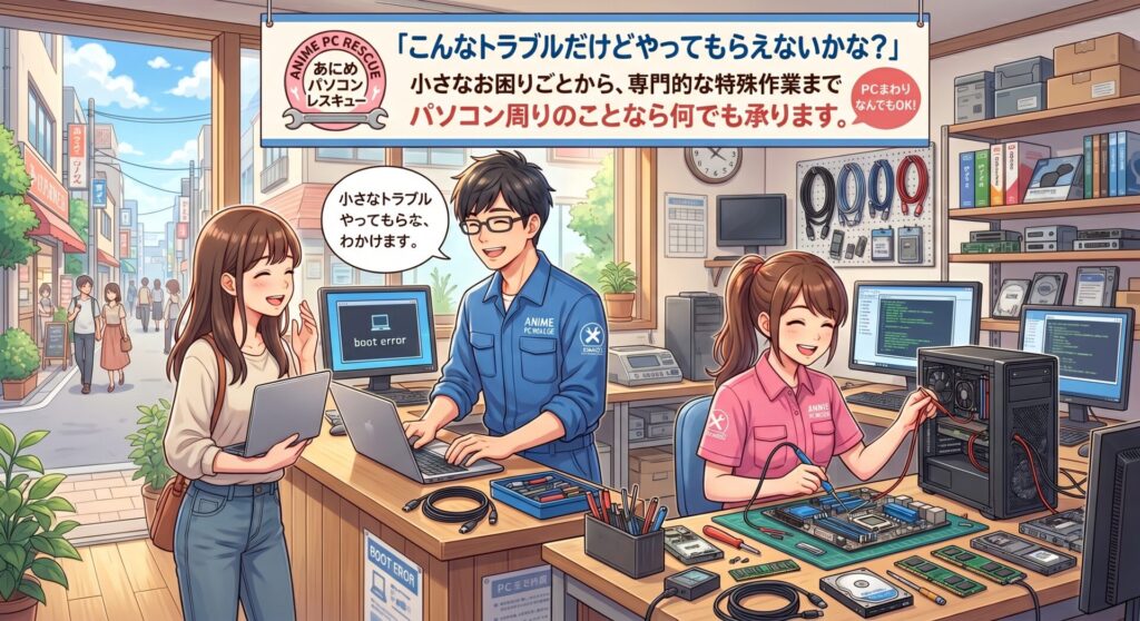 「こんなトラブルだけどやってもらえないかな？」という小さなお困りごとや、専門的な特殊作業まで、パソコン周りのことなら何でも承ります。