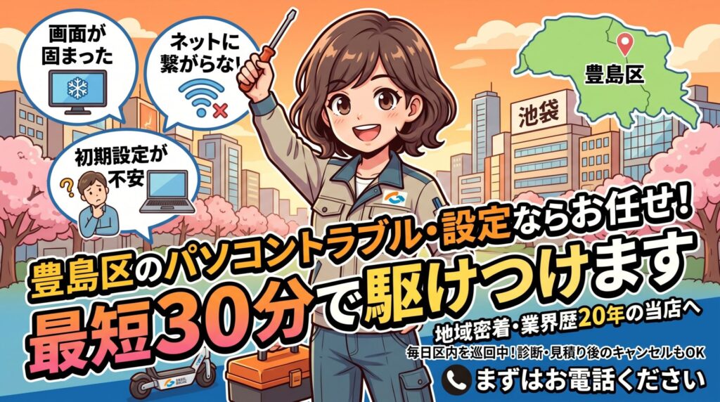 豊島区のパソコントラブル・設定ならお任せ！最短30分で駆けつけます
「画面が固まった」「ネットに繋がらない」「初期設定が不安」……。豊島区でパソコンのトラブルにお困りなら、地域密着・業界歴20年の当店へ。毎日区内を巡回しているため、どこよりも早いスピード解決が自慢です。診断・お見積り後のキャンセルも可能ですので、まずは安心してお電話ください。