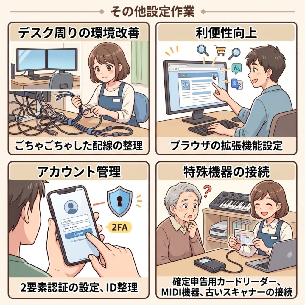 「その他設定作業」の具体例

メニューに載っていないことでも、お気軽にご相談ください。例えば以下のような作業を喜んで承ります。



デスク周りの環境改善： ごちゃごちゃした配線の整理、モニターアームの設置。

利便性向上： ブラウザの拡張機能設定、パスワード管理ソフトの導入補助。

アカウント管理： 2要素認証（SNSや銀行）の設定、ID整理。

特殊機器の接続： 確定申告用カードリーダー、MIDI機器、古いスキャナーの接続。