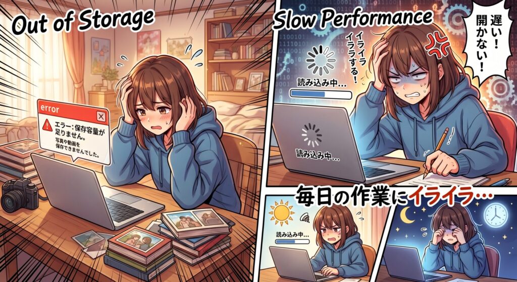 「パソコンの保存容量が足りなくて、写真や動画を保存できない…」 「起動やファイルを開く動作が遅くて、毎日の作業にイライラする…」