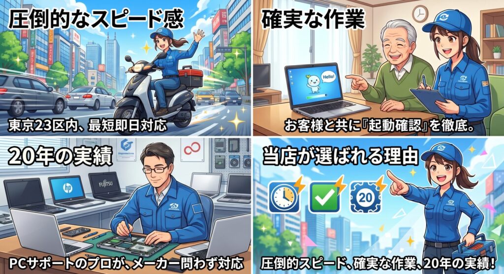 当店が選ばれる理由 圧倒的なスピード感：東京23区内、最短即日で現場へ急行します。 確実な作業：設定完了後は、お客様と共に「起動確認」を徹底。その場ですぐに使える状態に戻します。 20年の実績：PCサポートのプロが、メーカーを問わず柔軟に対応いたします。