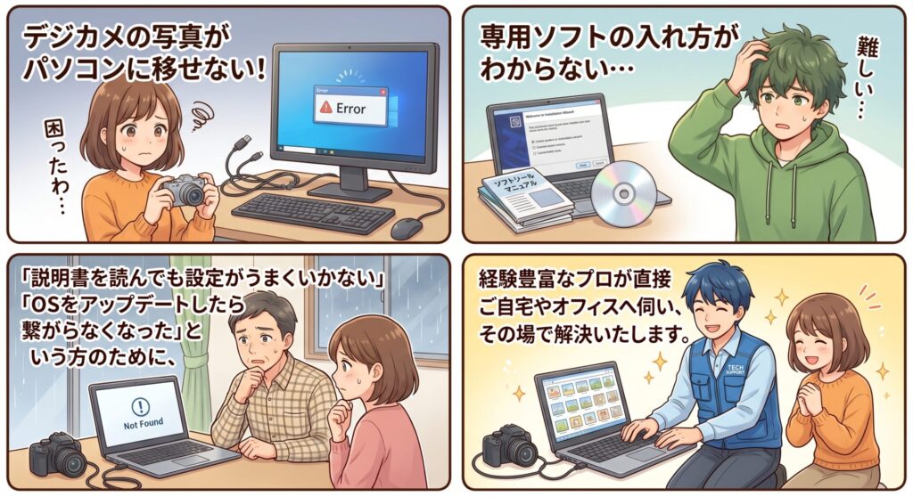 「デジカメの写真がパソコンに移せない」「専用ソフトの入れ方がわからない」とお困りではありませんか？

デジタルカメラの写真をパソコンで管理するには、メーカー専用ソフトのインストールや複雑な接続設定が必要なケースが多々あります。 「説明書を読んでも設定がうまくいかない」「OSをアップデートしたら繋がらなくなった」という方のために、経験豊富なプロが直接ご自宅やオフィスへ伺い、その場で解決いたします。