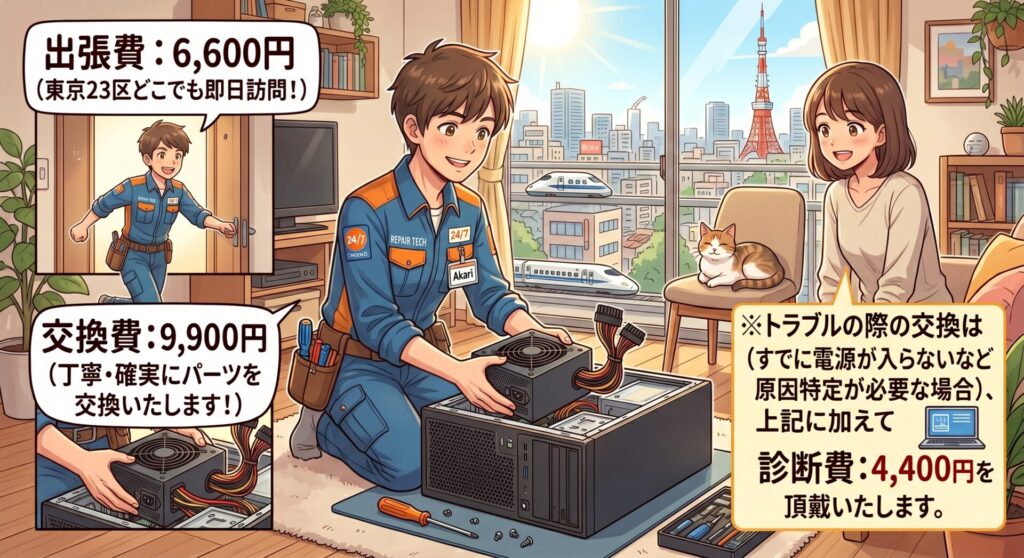 基本出張料（東京23区内）： 6,600円
グラフィックボード交換作業費： 11,000円

※トラブルでのお困りの方はトラブル診断費： 4,400円が発生いたします
※グラフィックボード本体はお客様にてご用意いただくか、事前に対象の型番等をご相談ください。
※補助電源の配線や、交換後の最新ドライバのインストール・動作確認まで責任を持って行います。