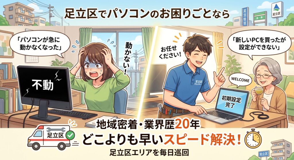 「パソコンが急に動かなくなった」「新しいPCを買ったが設定ができない」
足立区でパソコンのトラブルや初期設定にお困りなら、地域密着・業界歴20年の当店にお任せください。足立区エリアを毎日巡回しているからこそできる、「どこよりも早いスピード解決」をお約束します。