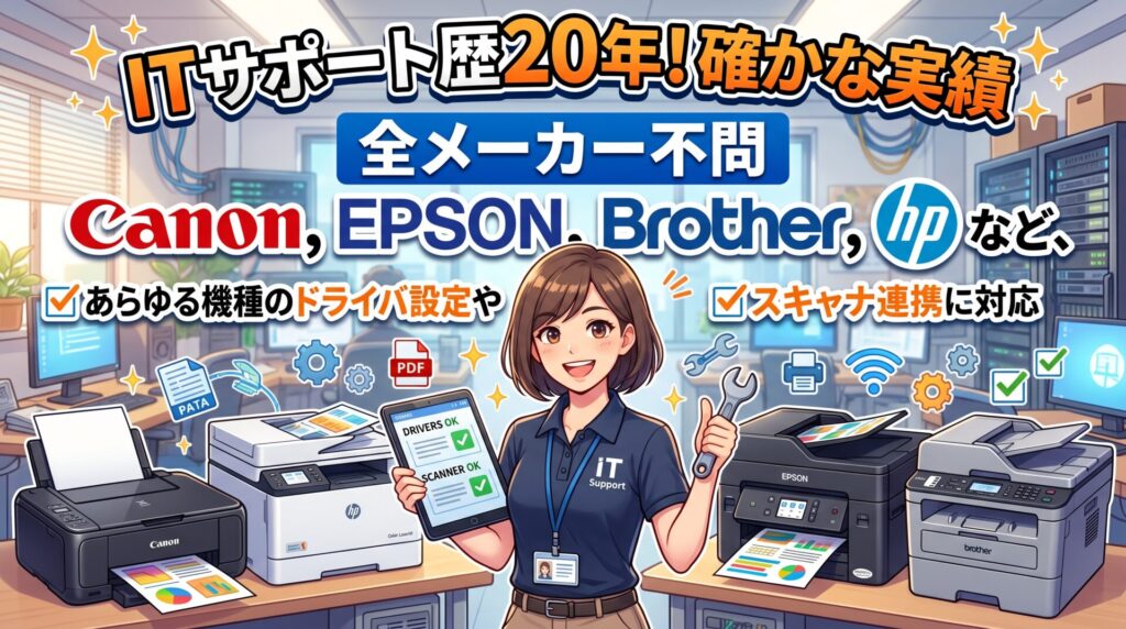 ITサポート歴20年の確かな実績 メーカー不問。Canon, EPSON, Brother, HPなど、あらゆる機種のドライバ設定やスキャナ連携に対応。